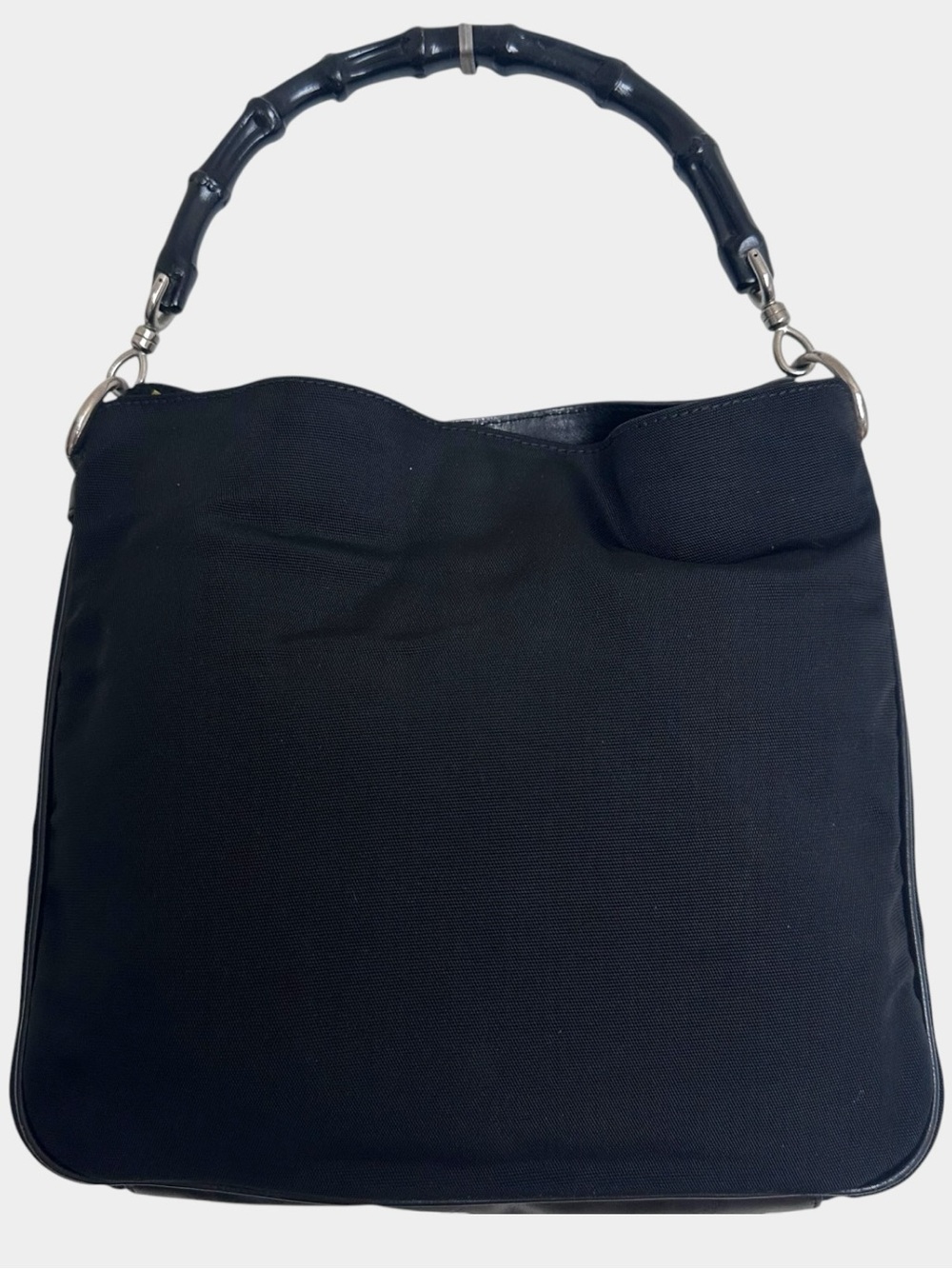 Authentic Gucci Bamboo Hobo Shoulder Handbag Nylon Black Vintage Bamboo Handle